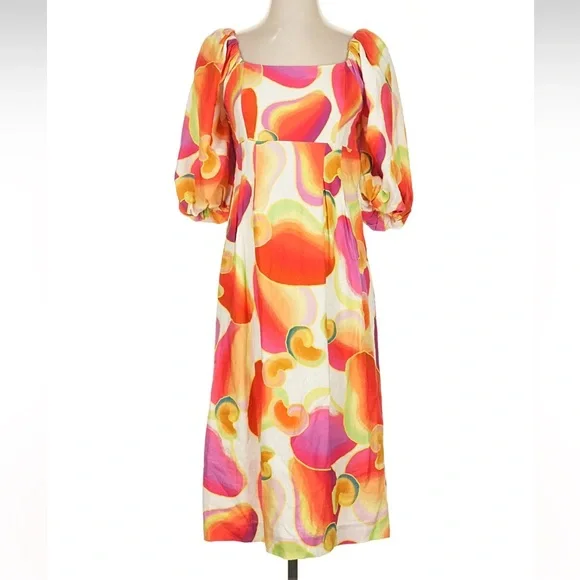 FARM Rio Cashew Juice Vibrant Linen Long Sleeve Dress Size S - Picture 2 of 6